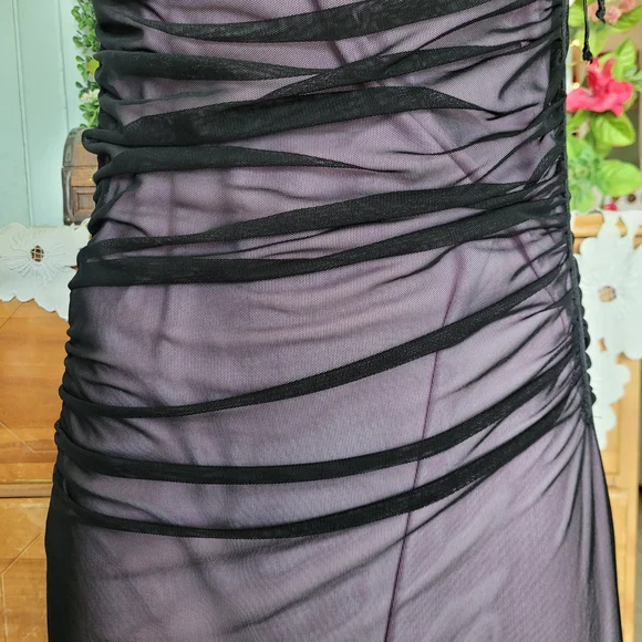 Vintage 90s Whimsigoth Lilac Slip Dress Black Mesh Overlay Asymmetrical Large - Picture 5 of 15